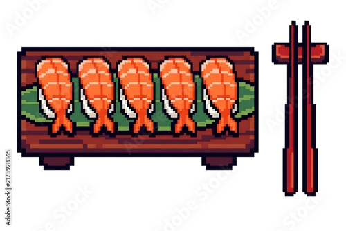 Pixel Art Grilled Salmon Fillets with Chopsticks on Wooden Board