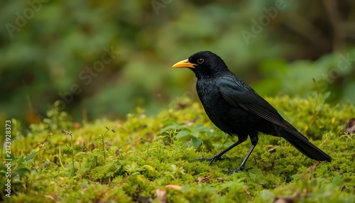 A male European blackbird with glossy black feathers and a bright yellow beak standing on lush green moss in a natural woodland environment, with a softly blurred background.