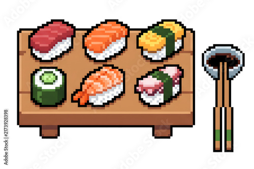 Pixel Art Sushi Board with Chopsticks and Soy Sauce