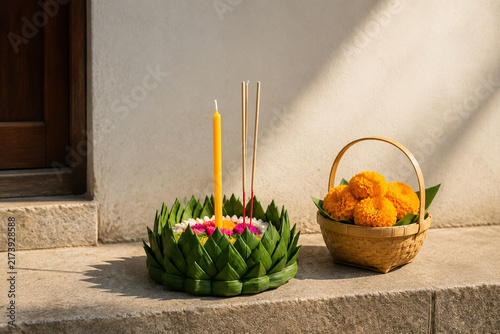 Banana leaf krathong with candle and incense, Thai tradition concept