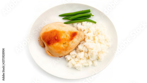 Flavorless bland diet meal, plain white plate with steamed rice, boiled chicken breast and unsalted green beans
