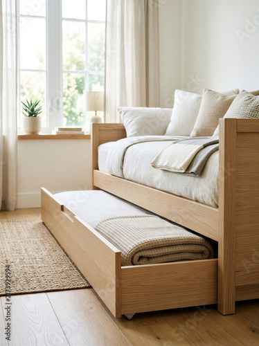 Cozy wooden daybed with storage in a bright living room  