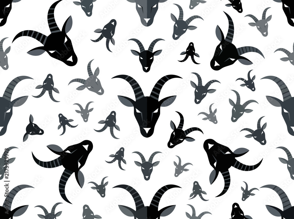 Fototapeta premium Minimalist seamless pattern of goat and ibex heads with horns. Black and gray flat vector illustration on white background.