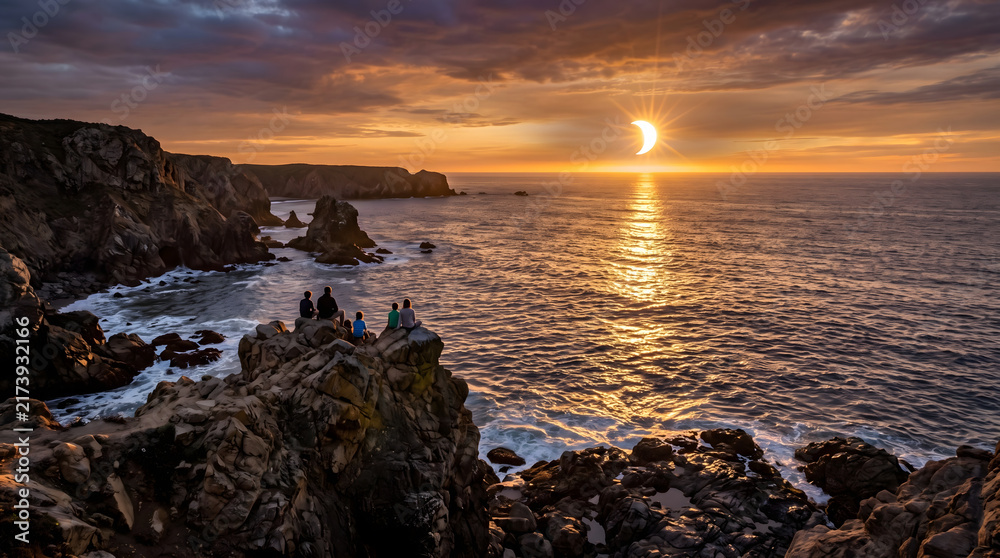 Fototapeta premium A breathtaking coastal view at sunset showcasing a stunning partial solar eclipse reflecting on the ocean with a group of friends enjoying the celestial spectacle from a rugged cliff overlooking