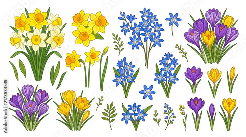 Colorful Spring Flowers Border Isolated on White Background, Floral Blossom Garden Design with Yellow Blooms, Green Leaves and Botanical Decoration Vector Illustration