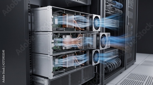 Data center server cooling system, industrial server rack with airflow visualization, high performance computing hardware