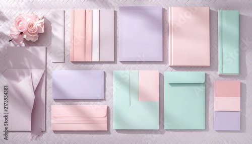 Pastel Stationery Set Arranged with Pink Roses on Textured Desk