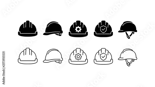 Construction Hard Hat Icon Set in Silhouette and Outline Vector Style