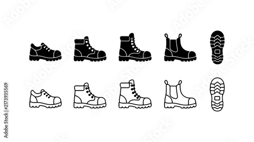 Obraz na płótnie Work Boots and Footwear Icon Set in Silhouette and Outline Styles