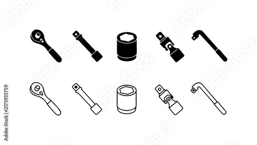Socket Wrench Tool Set in Silhouette and Outline Vector