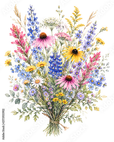 Vibrant watercolor painting of wildflower bunch on white background.