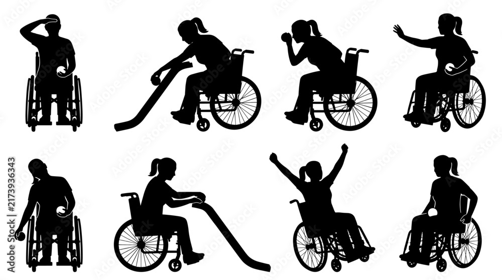 Fototapeta premium Set of black silhouettes of people playing boccia sport in wheelchairs, inclusive physical activity, paralympic athletes, diverse sports movements