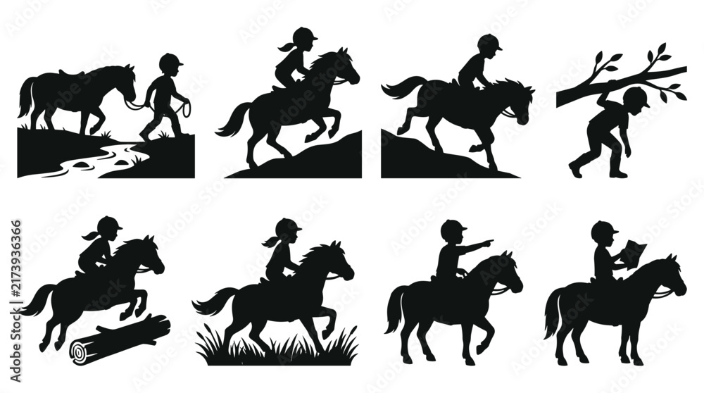 Fototapeta premium Set of silhouettes featuring children riding and leading ponies, equestrian activities, outdoor adventures, lifestyle illustration, sporting