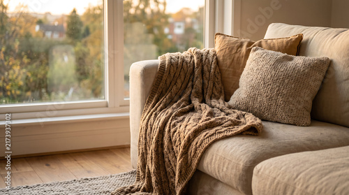 Close view of a soft sofa with a large knitted blanket in warm evening light. Natural textures create a welcoming sense of comfort