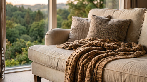 Soft cushions and a textured blanket transform a simple sofa into an inviting place to relax. Warm evening light adds depth and emotional warmth