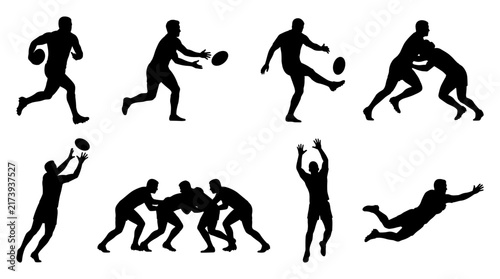 Set of black rugby player silhouettes in various athletic positions, running, passing, tackling, kicking, jumping, ideal for sports branding and