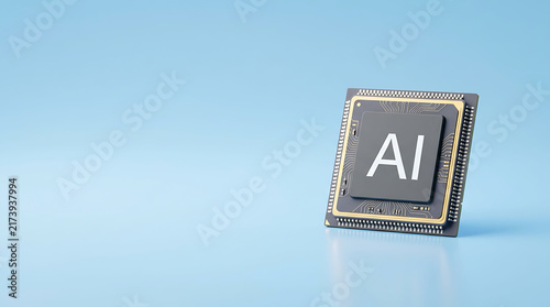 Microchip with AI text on a sky-blue background with copy space. Clean modern artificial intelligence and computer technology concept
