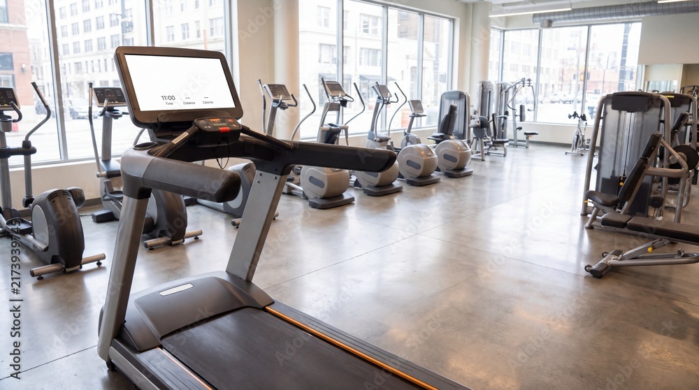 Fototapeta premium Modern gym interior featuring a treadmill with a blank display, designed for fitness enthusiasts