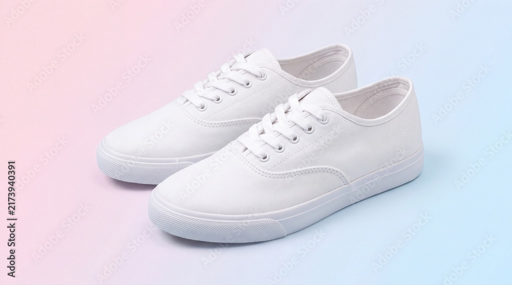 Fototapeta premium Stylish pair of textured white sneakers isolated against a soft pastel gradient background