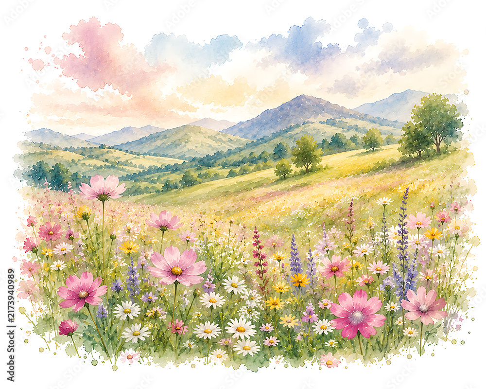 Fototapeta premium Watercolor wildflower field with mountain view under pastel sky.