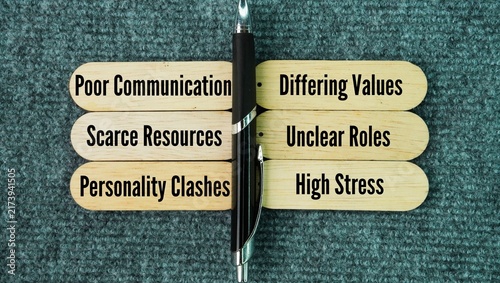 Bild auf Leinwand Six common causes of conflict include poor communication, differing values, scarce resources, unclear roles, personality clashes, and high stress word