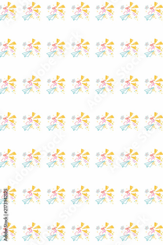 Seamless Colorful Doodle Pattern with Paper Planes, Hearts and Bows