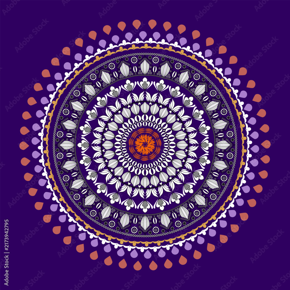 Obraz premium Premium navy purple seamless style circle emblem showcasing rich symmetrical zen folk art decorations and majestic golden core elements.