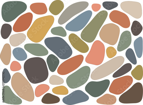 Numerous colorful rounded smooth pebble shapes ideal for background designs, zen concepts, mindfulness, spa branding, harmonyrelated themes, and print materials.
