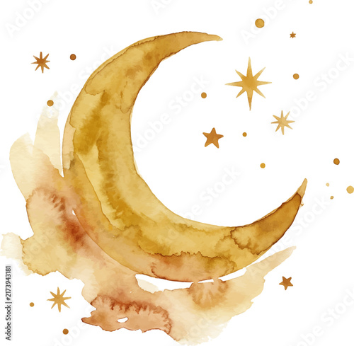 Golden watercolor crescent moon artwork with celestial style, perfect for celestialthemed designs like posters, invitations, and stationery. Bright and sparkling stars add a magical touch.
