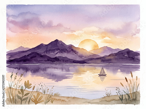Purple mountains, orange sunset, serene waters, sailboat, shoreline plants, golden sky, light reflection. Perfect for travel brochures, inspirational posters.