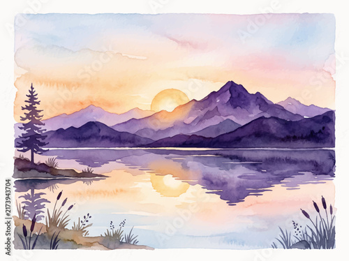 Beautiful landscape art with purple mountains, golden sunset, pine trees, and reflective lakes perfect for naturethemed designs and prints.