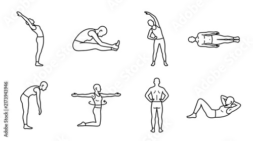 Set of line drawings depicting people performing fitness exercises, yoga poses and stretching, health routines, physical activity, movement sequences