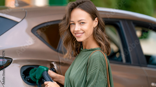 Woman standing next to a car while refueling at a gas station during the day