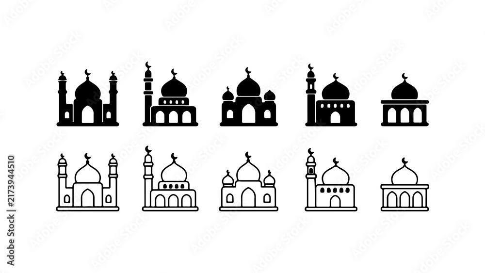 Fototapeta premium Mosque Icon Set in Silhouette and Line Art Style