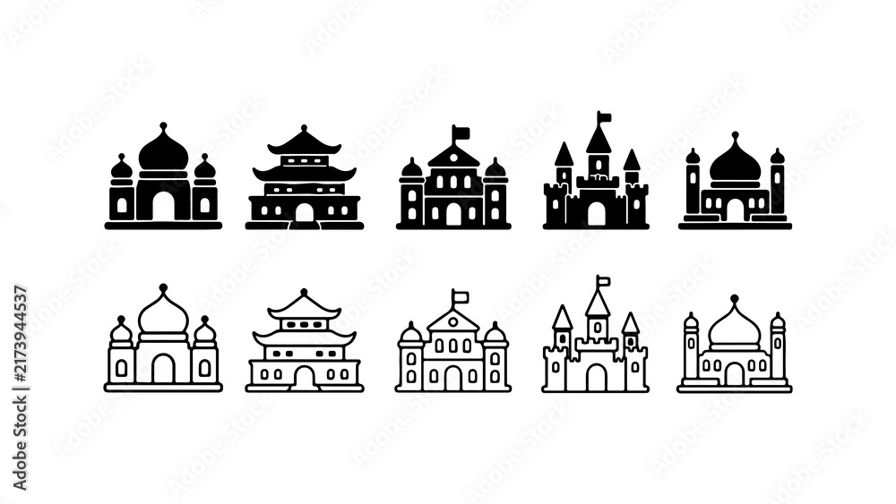 Fototapeta premium World Famous Landmark Buildings Icon Set Silhouette and Outline