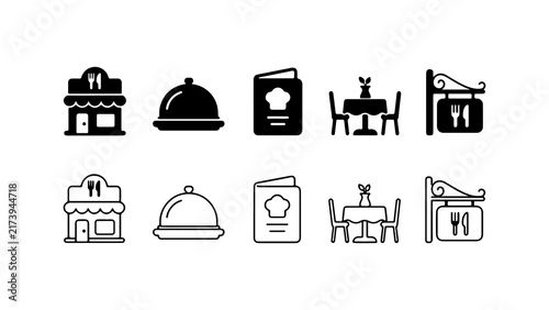 Restaurant and Dining Icon Set in Solid Silhouette and Line Art Style