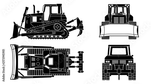 Set of bulldozer heavy machinery black silhouettes showing side front top and back orthographic projections for construction engineering blueprints