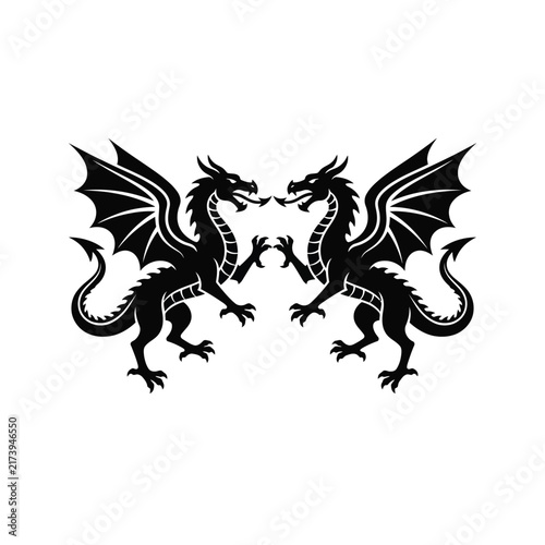 Two Black Dragons Facing Each Other Silhouette.