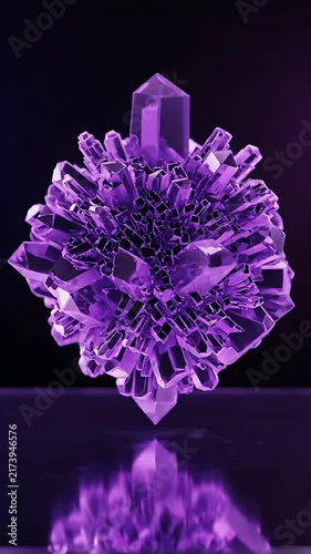 Animated Amethyst Crystals Slowly Rotating on a Reflective Surface, Creating a Mesmerizing, Otherworldly Visual Effect.