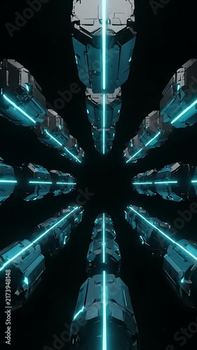 Futuristic Spacecraft Rotating and Transforming with Glowing Blue Energy Trails. Seamless Looping Animation for Sci-Fi Design.