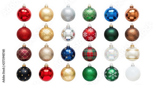 Collection of colorful christmas baubles for holiday tree decoration isolated on transparent background