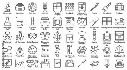 Flat design icon collection showcasing laboratory, education, technology, and communication-themed symbols in a structured grid format.