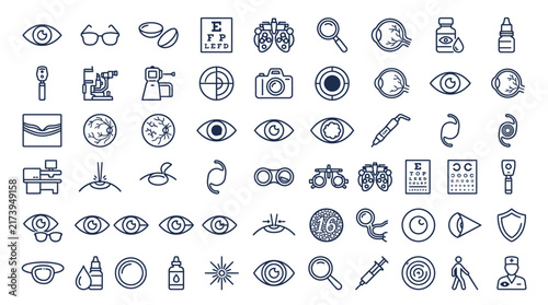 Set of diverse medical and healthcare icons featuring anatomical eyes, medical tools, and diagnostic symbols in a uniform style.