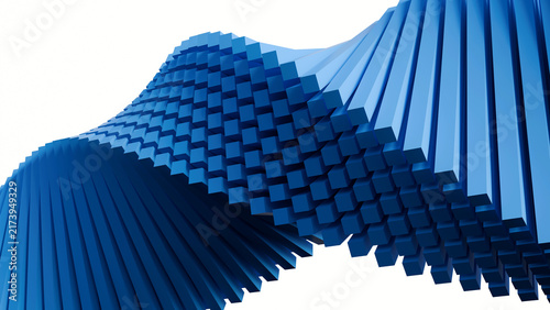 Fotografie 3D render of abstract twisted blue cubic bars isolated on white background