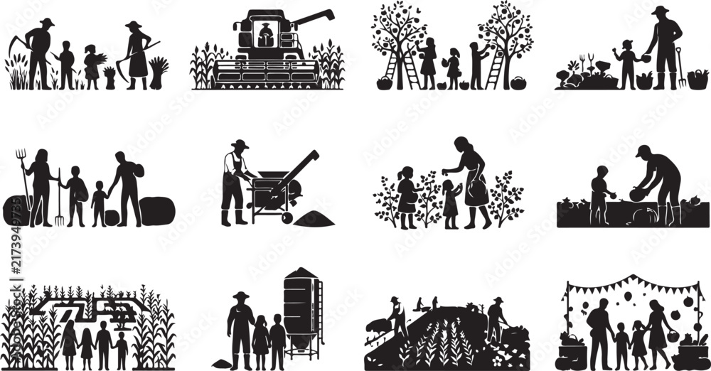 Fototapeta premium Black silhouettes of farmers and families working on a farm, harvesting crops, using agricultural machinery, and tending to orchards