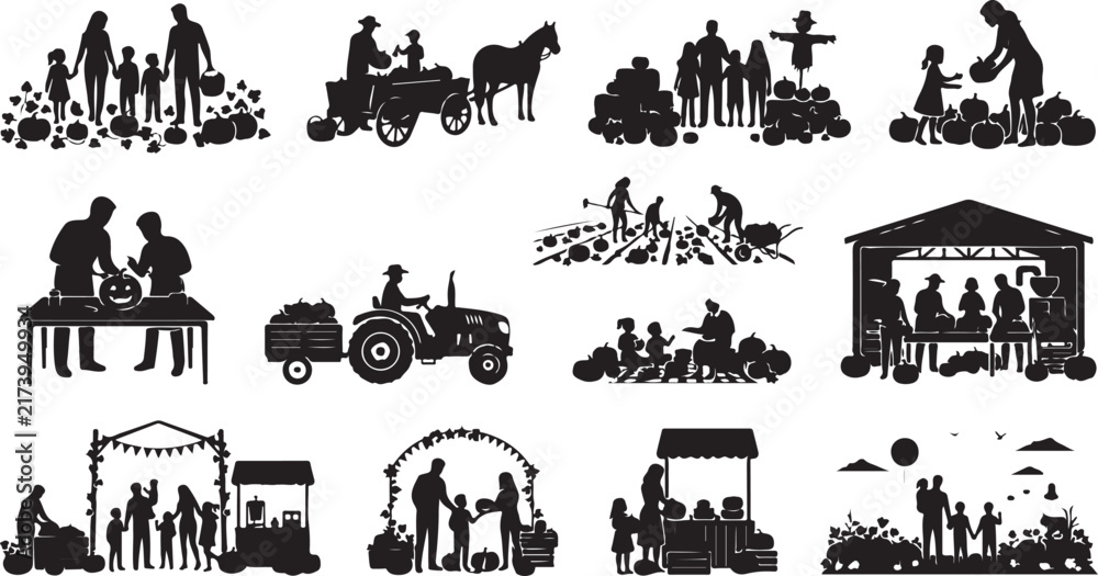 Fototapeta premium Collection of black silhouettes depicting families and children harvesting pumpkins on a farm during the autumn harvest season, set