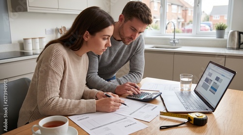 Couple Calculating Home Renovation Budget at Kitchen Table