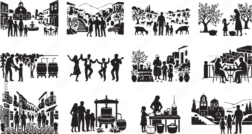 Fototapeta premium Set of black silhouettes illustrating traditional mediterranean village life, agriculture, olive harvesting, wine production, and family scenes