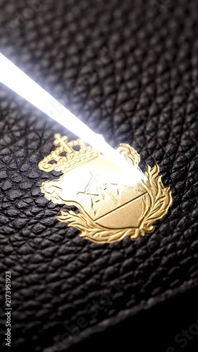 Luxury Crest Emblem with Golden Light Beam Animation on Black Leather Texture. Elegant Logo Reveal with Motion Graphics.