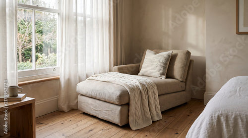 Comfortable upholstered chaise beside a bright window with soft textiles and natural wood. A simple realistic interior focused on rest and tranquility